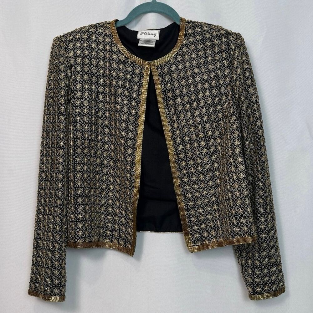 Stenay Womens Vtg 100% Silk Beaded Sequin Evening Jacket Size M Black Gold 80s